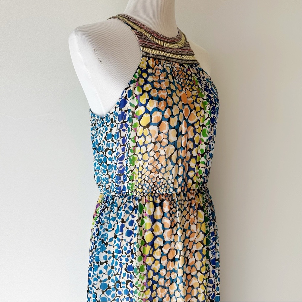 Charlie Jade Beaded Halter Neck Blue Green Colorful Party Maxi Dress, size M - Picture 3 of 16